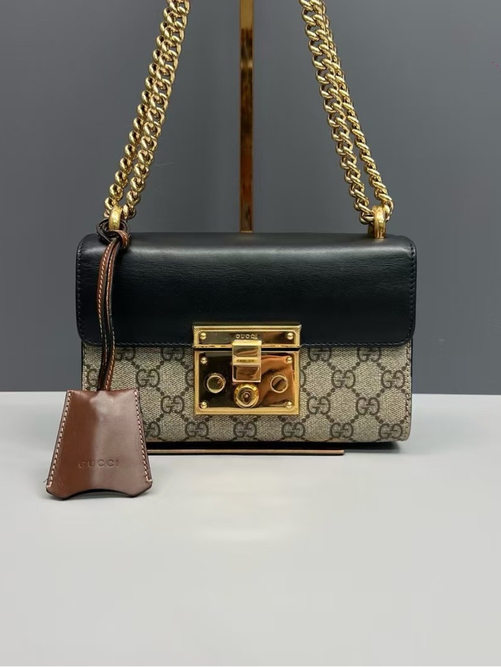 Gucci Black & Brown GG Supreme Shoulder Bag with Gold Hardware